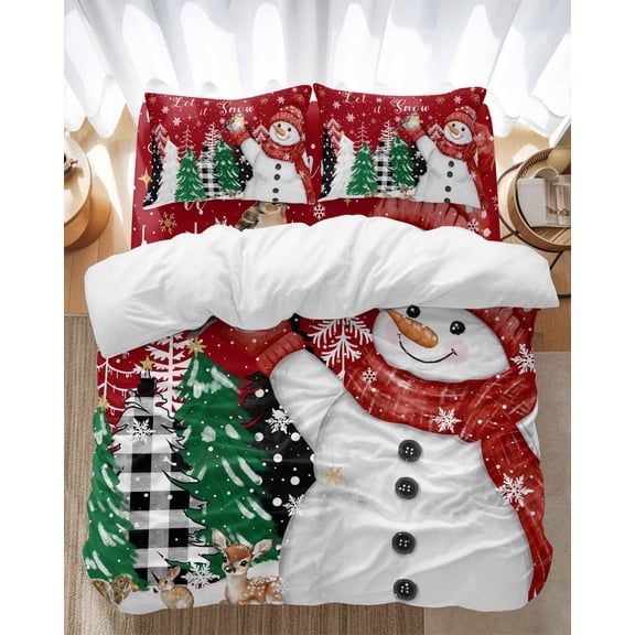 Red Snowman Bedding Duvet Cover Set Twin Size 4 Pieces Christmas Let Snow Pine Trees Bird Snowing Winter Bedding Set with Zipper Closure, 1 Comforter Cover 68x86 Inches 1 Flat Sheet & 2 Pillow Cases