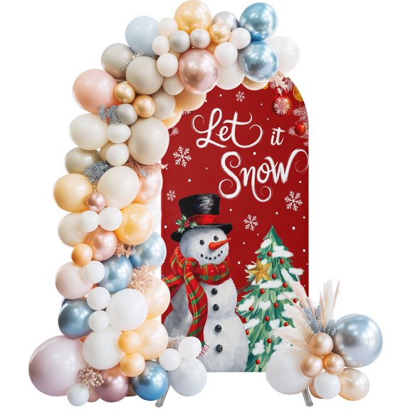 Red Snowman Christmas Arch Backdrop Cover 6x2.6 Ft, Spandex Wedding Arch Stand Cover, Xmas Tree Ball Snowflake Winter Round Top Stretch Fitted Background Covers for Birthday Ceremony Party Decor