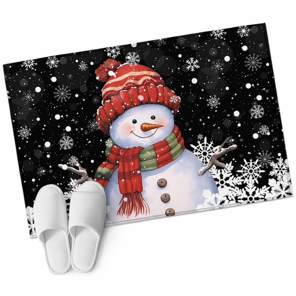 Red Snowman Christmas Bathroom Mat 2x3 FT, Non Slip Small Kitchen Mat, Xmas Winter Snowflake Black Washable Soft Backed Front Door Throw Rug Non-Shedding Indoor Outdoor Doormat for Entryway Sink