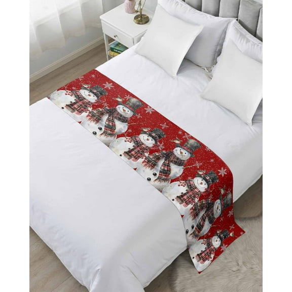 Red Snowman Christmas Bed Runner for Twin Size Bed, Birds Xmas Snowflake Bedspread Protector Slipcover Bed Scarf for Foot Bed Runners & Scarves for Bedroom Hotel Wedding Room 71x20 Inches