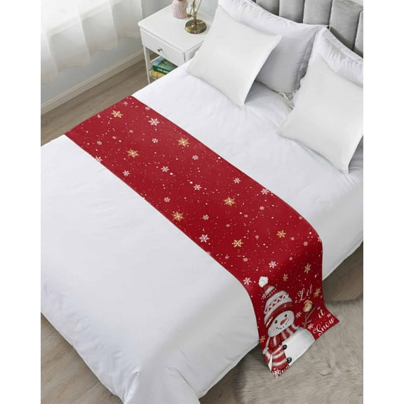Red Snowman Christmas Bed Runner for Twin Size Bed, Xmas Snowflake Birds Bedspread Protector Slipcover Bed Scarf for Foot Bed Runners & Scarves for Bedroom Hotel Wedding Room 71x20 Inches