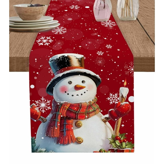 Red Snowman Christmas Burlap-Cotton Table Runner 36 Inches Long,Berry Snowflake Xmas Farmhouse Table Runners,Outdoor Dining Tablecloths Decor for Baby Shower/Party/Wedding 13x36