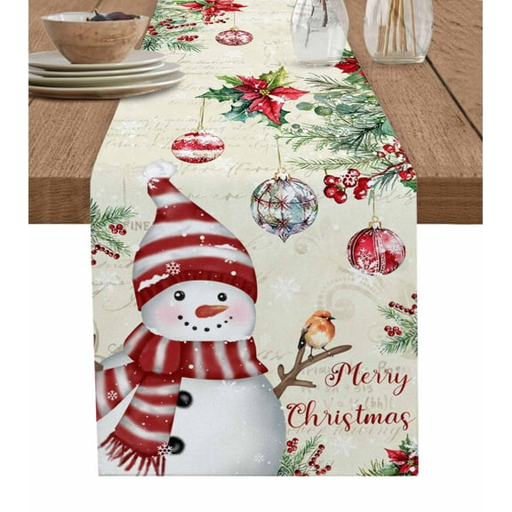 Red Snowman Christmas Burlap-Cotton Table Runner 70 Inches Long,Xmas Botanical Balls Snowflake Retro Farmhouse Table Runners,Outdoor Dining Tablecloths Decor for Baby Shower Party Wedding 13x70