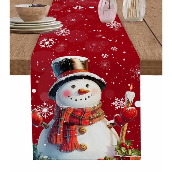 Red Snowman Christmas Burlap-Cotton Table Runner 90 Inches Long,Berry Snowflake Xmas Farmhouse Table Runners,Outdoor Dining Tablecloths Decor for Baby Shower/Party/Wedding 13x90
