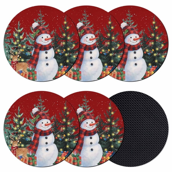 Red Snowman Christmas Coasters Set of 6, Absorbent Coasters for Drinks, Xmas Tree Gifts Elk Snowflake Winter Coaster for Desk Coffee Table Protection, Home Decor House Warming Gifts 4"