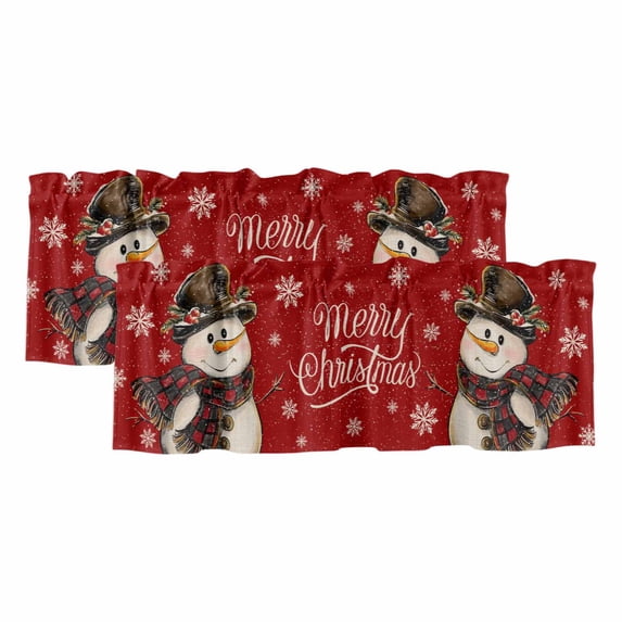 Red Snowman Christmas Curtain Valances for Windows, Kitchen Valance Window Treatments Panel 2 Pack, Xmas Snowflake Funny Rustic Rod Pocket Short Curtains for Bathroom Bedroom 42 x 12 Inch