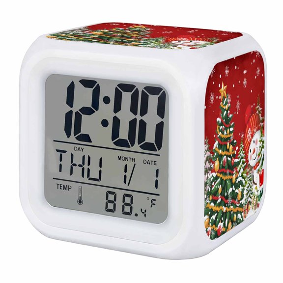 Red Snowman Christmas Digital Alarm Clock for Bedrooms, Smart LED Alarm Clock with 7 Color Changing Night Light, Vintage Xmas Tree Snowflake Silent Wake Up Clocks for Sleep Study Cooking 3.2"x3.2"
