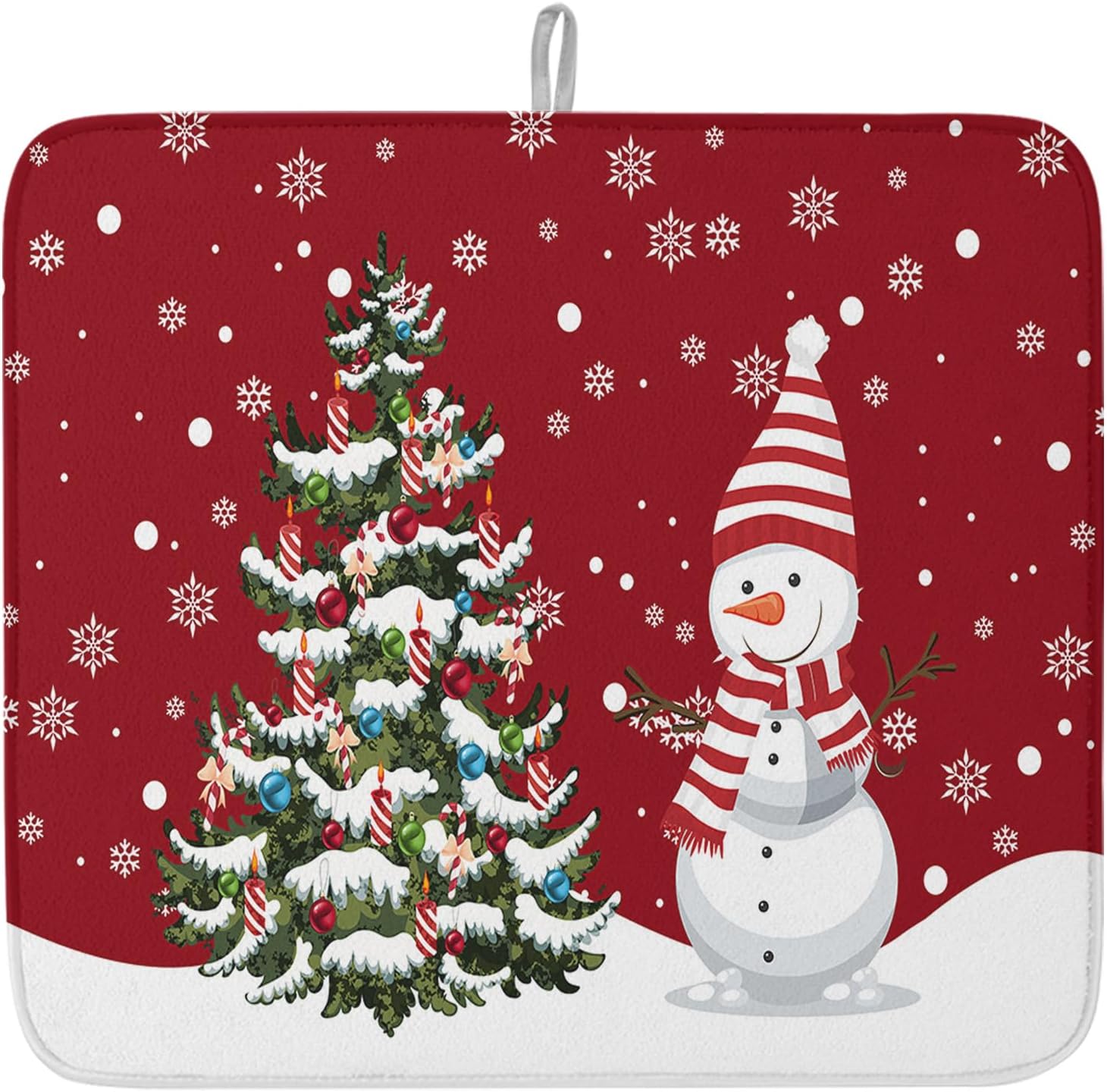 Red Snowman Christmas Dish Drying Mat for Kitchen Counter, Xmas Tree