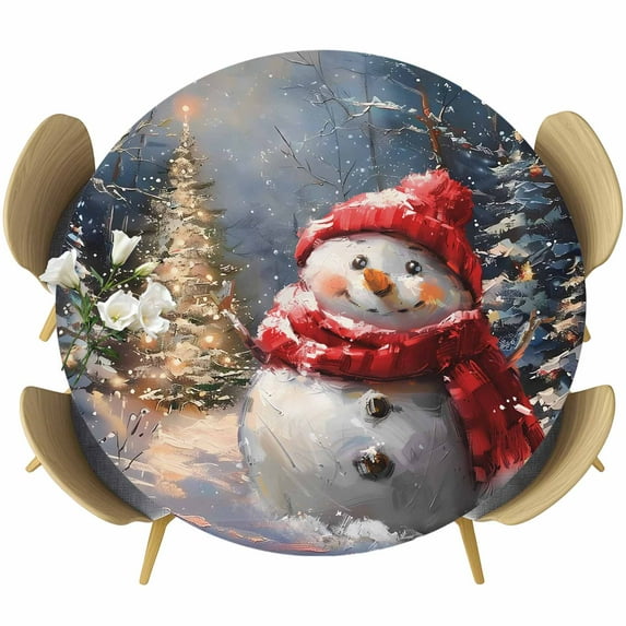 Red Snowman Christmas Fitted Tablecloth with Elastic Edged, Round Table Cloth for Dining Table, Xmas Snowflake Oil Painting Waterproof Oil Proof Table Cover for Indoor Outdoor 55"-60"