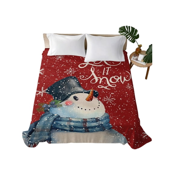 Red Snowman Christmas Flat Sheets Only King Size, Soft Breathable Bed Top Sheets for Mattress, Let Snow Xmas Winter Snowflake Luxury Bedding Flat Sheets for Home Hotel Bedroom Bed Protection