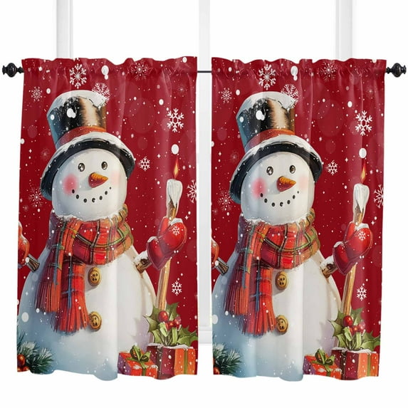 Red Snowman Christmas Kitchen Curtain 2 Panels Curtains 54 Inch Length, Berry Snowflake Xmas Curtains Rod Pocket Curtains Window Drapes Treatment Window Cafe Curtains