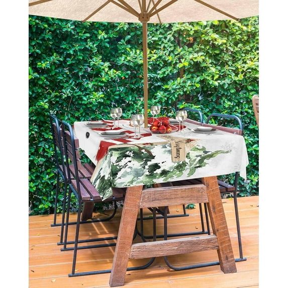 Red Snowman Christmas Outdoor Tablecloth - 52x70 Inch Rectangle Dining Table Cover, Xmas Snowflake Tree Grey Waterproof Outdoor Table Cloth with Umbrella Hole & Zipper for Picnic/Patio