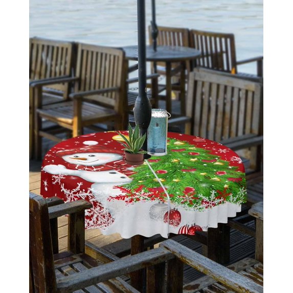 Red Snowman Christmas Outdoor Tablecloth - 54x80 Inch Rectangle Dining Table Cover, Xmas Tree Balls Snowflake Waterproof Outdoor Table Cloth with Umbrella Hole & Zipper for Picnic/Patio