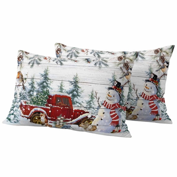 Red Snowman Christmas Outdoor Waterproof Pillow Covers, Xmas Tree Snowflake Truck Wooden Decorative Rectangle Throw Pillowcase Sofa Cushion Sham for Patio/Couch/Chair, 20"x12" 2 Pack