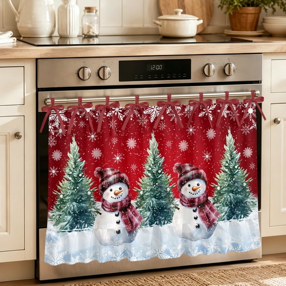 Red Snowman Christmas Oven Skirt Curtain 32"x24", Waterproof Ruffled Stove Cover Skirt with 8 Ribbon Ties, Xmas Tree Snowflake Winter Elegant Decorative Oven Door Curtains Drapes for Kitchen Cabinet