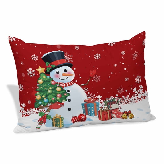 Red Snowman Christmas Pillow Covers, Linen Long Throw Pillow Case, Xmas Tree Gifts Snowflake Winter Holiday Pillow Protector Decorative Cushion Cover for Living Room/Bedroom 12" x 20"