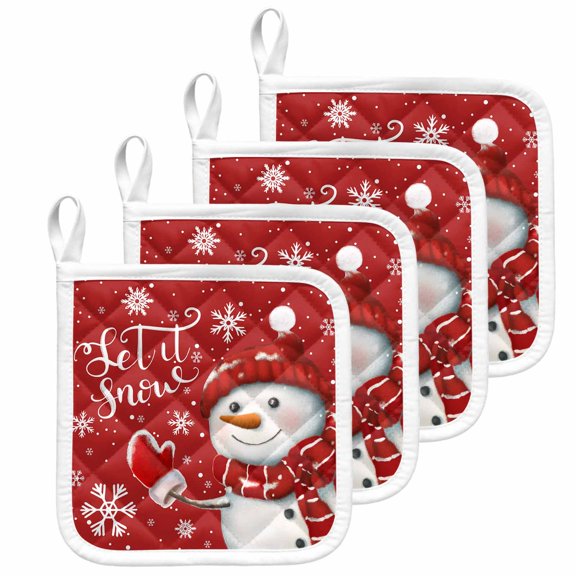 Red Snowman Christmas Pot Holders for Kitchen Heat Insulation Potholder, Xmas Winter Snowflake Let Snow Kitchen Pot Holders Sets Washable Oven Hot Pads Cloth Trivet for Cooking Baking 4 Pack