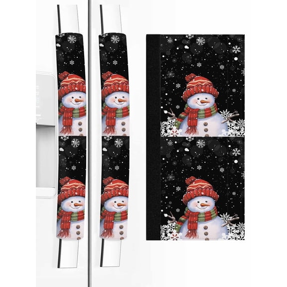 Red Snowman Christmas Refrigerator Door Handle Covers Set of 2, Xmas Winter Snowflake Black Kitchen Fridge Microwave Oven Dishwasher Stove Cabinet Handle Protectors, Washable Appliance Decor