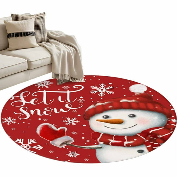 Red Snowman Christmas Round Area Rug 3 FT, Small Kitchen Bathroom Mat, Xmas Winter Snowflake Let Snow Washable Indoor Outdoor Throw Runner Carpet Non-Shedding Doormat for Table Shower Sofa Entryway