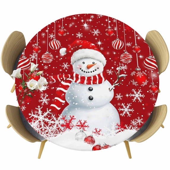 Red Snowman Christmas Round Tablecloth, Fitted Table Cover with Elastic for 36"-44" Round Tables, Xmas Balls Snowflake Table Cloth Outdoor Indoor Dinning Party Waterproof Tablecloths