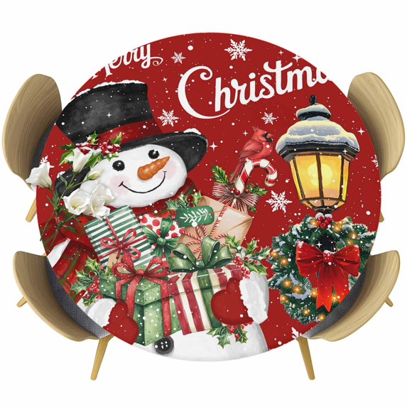 Red Snowman Christmas Round Tablecloth, Fitted Table Cover with Elastic for 36"-44" Round Tables, Xmas Snowflake Botanical Table Cloth Outdoor Indoor Dinning Party Waterproof Tablecloths