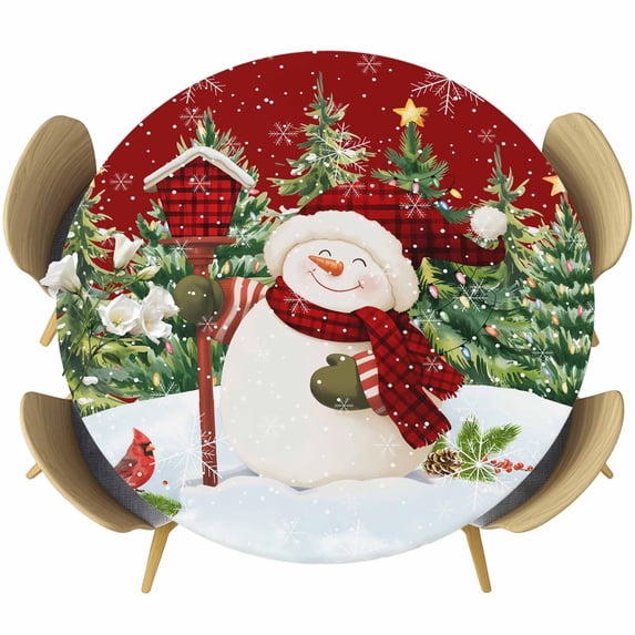 Red Snowman Christmas Round Tablecloth, Fitted Table Cover with Elastic for 45"-54" Round Tables, Green Xmas Tree Snowflake Winter Table Cloth Outdoor Indoor Dinning Party Waterproof Tablecloths