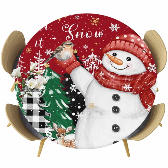 Red Snowman Christmas Round Tablecloth, Fitted Table Cover with Elastic for 55"-60" Round Tables, Snowflake Xmas Tree Winter Elk Table Cloth Outdoor Indoor Dinning Party Waterproof Tablecloths