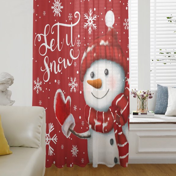Red Snowman Christmas Sheer Curtains 54 Inch Length, Light Filtering Voile Curtain Panel, Xmas Winter Snowflake Let Snow Rod Pocket Drapes Window Treatments for Living Room Bedroom 52"x54"