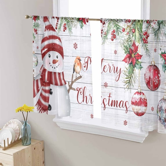 Red Snowman Christmas Sheer Curtains 54 Inches Length 2 Panels Set, Window Sheer Curtains for Living Room/Bedroom, Xmas Botanical Balls Snowflake Vintage Light Filter Rod Pocket Curtain 52''x54''x2