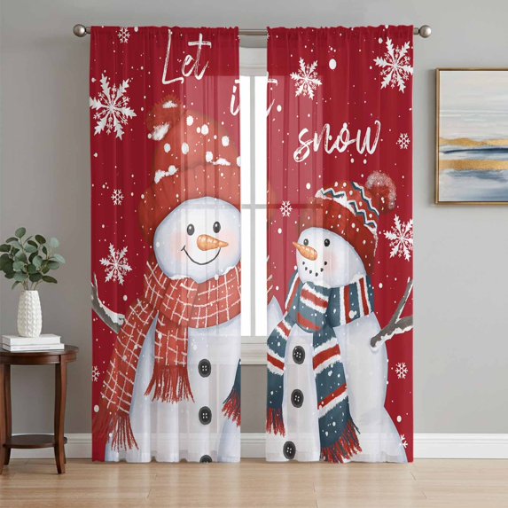 Red Snowman Christmas Sheer Curtains 96 Inch Length 2 Panels Set, Snowflake Xmas Voile Window Treatment Semi Sheer Long Curtains Drapes for Bedroom/Living Room/Kitchen 52"x96"x2