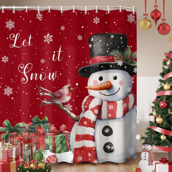 Red Snowman Christmas Shower Curtain, Winter Snowflake Xmas Gifts Waterproof Fabric Shower Curtains with 12 Hooks, Bathroom Curtain Set for Bathroom Accessories Decor, 36 x 72 Inches