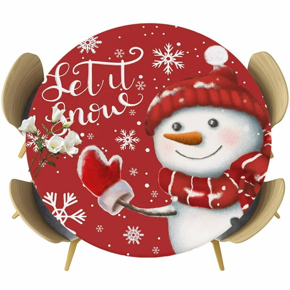 Red Snowman Christmas Table Cloth, Round Fitted Tablecloths with Elastic Edge, Xmas Winter Snowflake Let Snow Wipeable Waterproof Table Cover for Kitchen Wedding 36-44 Inches