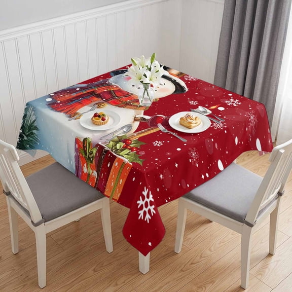 Red Snowman Christmas Table Cloth Waterproof Tablecloths, Berry Snowflake Xmas Tablecloth Dining Table Cover for Kitchen Party Tabletop Outdoor, Square Tablecloth 54x54 Inch