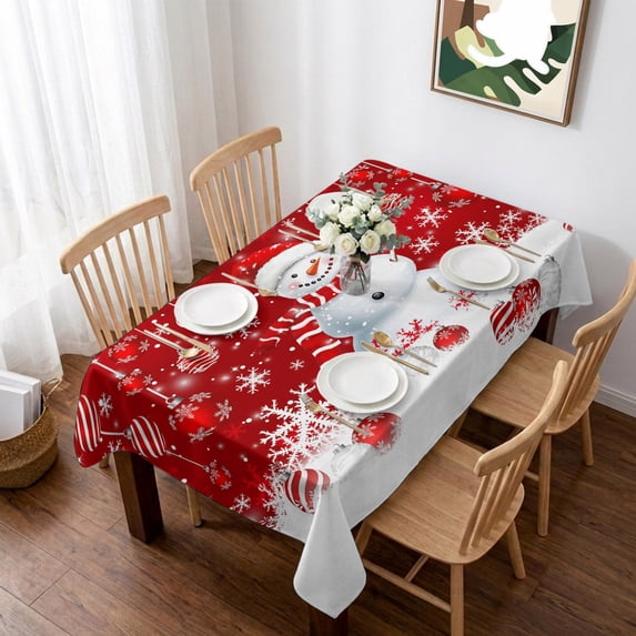 Red Snowman Christmas Table Cloth Waterproof Tablecloths, Xmas Balls Snowflake Tablecloth Dining Table Cover for Kitchen Party Tabletop Outdoor, Rectangle Tablecloth 60x102 Inch