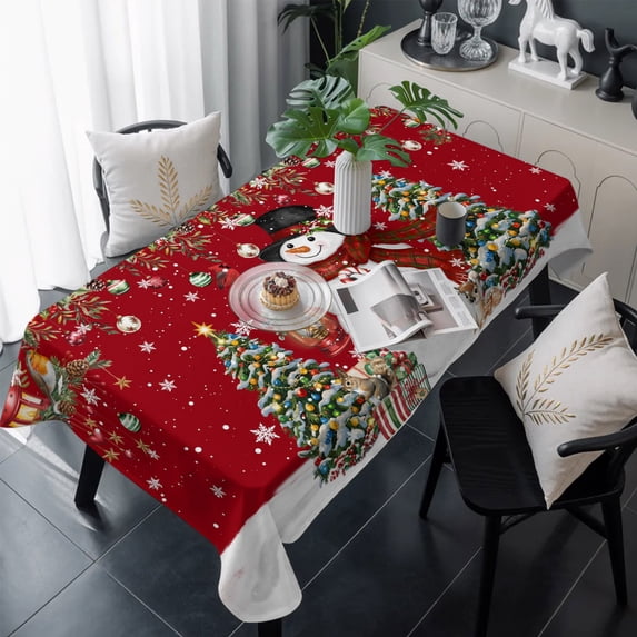 Red Snowman Christmas Table Cloth Waterproof Tablecloths, Xmas Tree Snowflake Ball Poinsettia Tablecloth Dining Table Cover for Kitchen Party Tabletop Outdoor, Rectangle Tablecloth 54x108 Inch