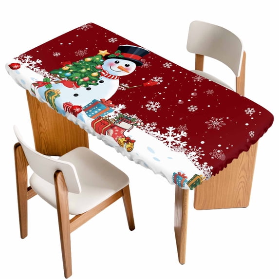 Red Snowman Christmas Table Cloths for 3 Foot Rectangle Tables, Gifts Xmas Tree Winter Snowflake Patio Waterproof Elastic Fitted Tablecloths, Washable Rectangular Table Cover for Camping