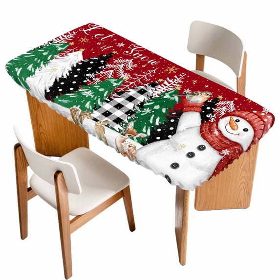 Red Snowman Christmas Table Cloths for 4 Foot Rectangle Tables, Snowflake Xmas Tree Winter Elk Patio Waterproof Elastic Fitted Tablecloths, Washable Rectangular Table Cover for Camping