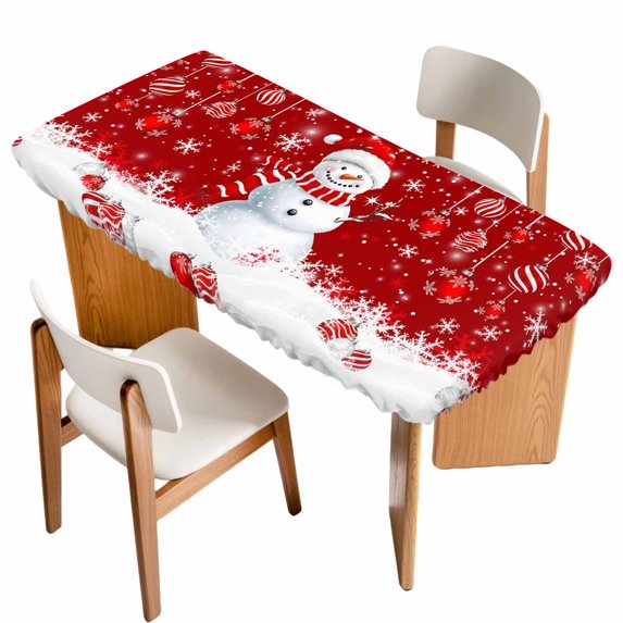 Red Snowman Christmas Table Cloths for 4 Foot Rectangle Tables, Xmas Balls Snowflake Patio Waterproof Elastic Fitted Tablecloths, Washable Rectangular Table Cover for Camping