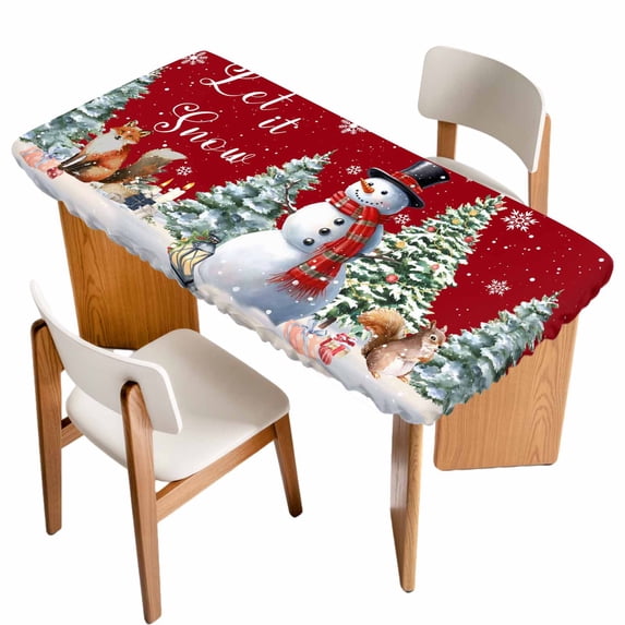 Red Snowman Christmas Table Cloths for 4 Foot Rectangle Tables, Xmas Tree Snowflake Gifts Patio Waterproof Elastic Fitted Tablecloths, Washable Rectangular Table Cover for Camping