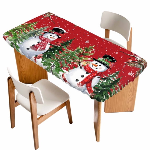 Red Snowman Christmas Table Cloths for 4 Foot Rectangle Tables, Xmas Tree Snowflake Winter Branches Patio Waterproof Elastic Fitted Tablecloths, Washable Rectangular Table Cover for Camping