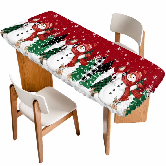 Red Snowman Christmas Table Cloths for 8 Foot Rectangle Tables, Winter Xmas Tree Snowflake Patio Waterproof Elastic Fitted Tablecloths, Washable Rectangular Table Cover for Camping