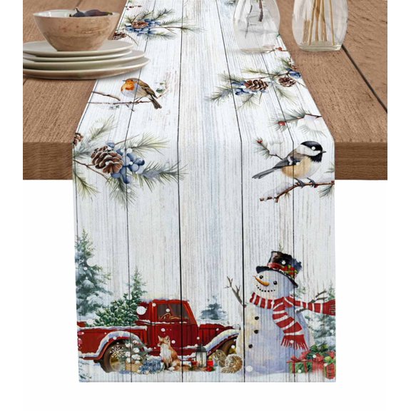Red Snowman Christmas Table Runner 120 Inches, Xmas Tree Snowflake Truck Wooden Bed Runner Dresser Scarves Tabletop for Indoor Outdoor Parties/Ceremony/Banquet, 13"x 120"