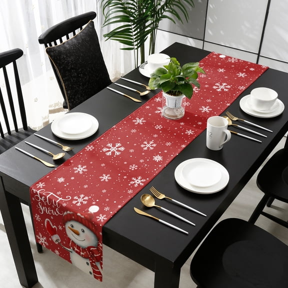 Red Snowman Christmas Table Runner 36 Inches Small - Xmas Winter Snowflake Let Snow Kitchen Dining Burlap Linen Tablerunner for Small/Round/Square/Wedding/Coffee/Dining Table Party Décor 13 x 36
