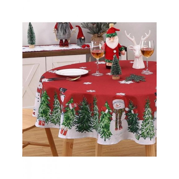 Red-Snowman Christmas Tablecloth 60x120 Inch Rectangular Washable Holiday Decorative Cover With Snowmen & Trees