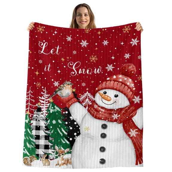 Red Snowman Christmas Throw Blanket, Flannel Fleece Blanket with Striped Design for Couch, Snowflake Xmas Tree Winter Elk Soft Breathable All Season Plush Blankets for Sofa Office Chair 30"x40"