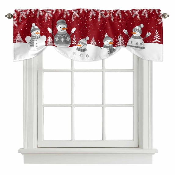 Red Snowman Christmas Tie Up Valance Curtains for Windows, Kitchen Curtains Window Treatments, Winter Snowflake Pine Xmas Tree Short Window Shades Valances for Bedroom Bathroom Cafe 42"x18"