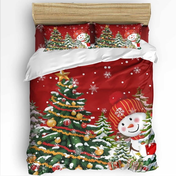 Red Snowman Christmas Tree Twin Size Comforter Set, Vintage Xmas Gift Winter Snowflake Bedding for All Seasons, 4 Pcs Bed Set with 1 Comforter (68"x86") ,1Sheet(66"x116"), 2 Pillowcases (19"x29")