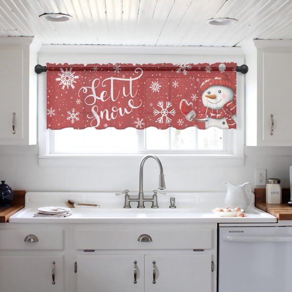 Red Snowman Christmas Valance Curtains for Kitchen/Living Room/Bathroom/Bedroom Window, Xmas Winter Snowflake Let Snow Rod Pocket Small Topper Half Short Window Curtains Voile Sheer Scarf 42"x18"