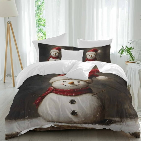 Red Snowman Comforter Set Full Size, Christmas Painting Winter Xmas Soft Bedding Set for Man Woman, 4 Pieces Duvet Cover Set with Fitted Sheet, 2 Pillowcases