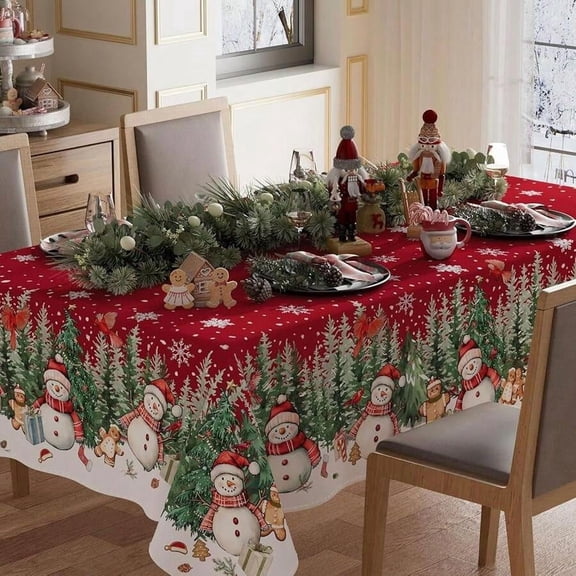 Red Snowman & Gingerbread Tree Winter Tablecloth 84inchx60inch Rectangular Christmas Decor Washable Indoor Dining Cover